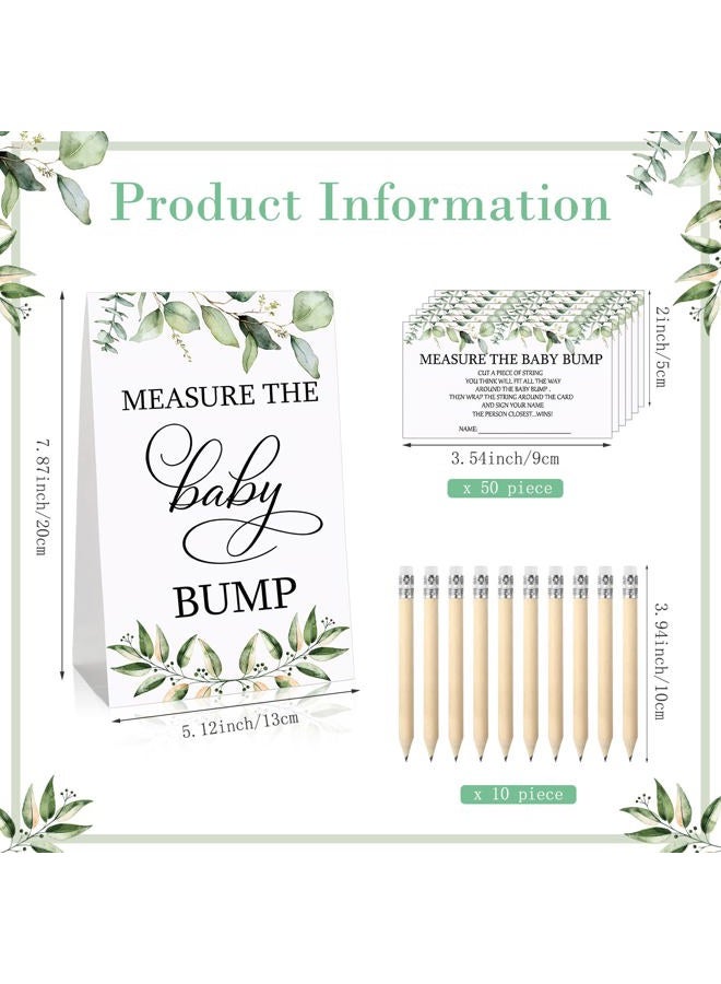 Fumete 65 Pieces Baby Shower Game Set 1 Measure the Baby Bump Sign Measure Mommy's Belly Game and 50 Guessing Cards 10 Pencils 2 Ribbons 2 Measuring Tapes for Baby Shower Party Decorations (Greenery) - Image 2